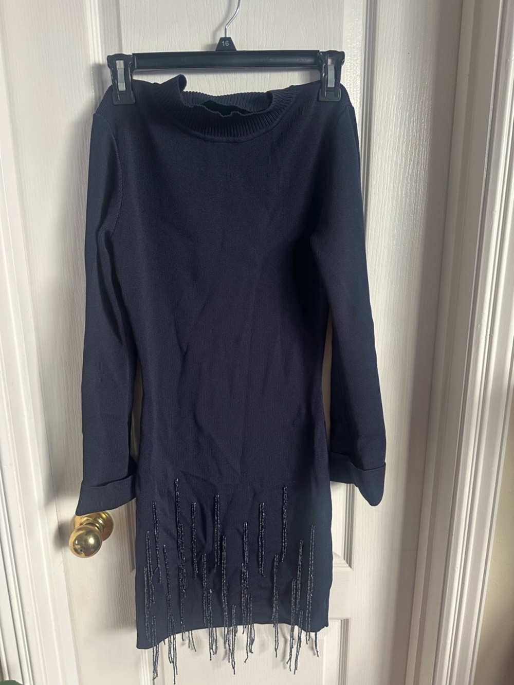 Black Long-Sleeve Knit Dress with Beaded Fringe